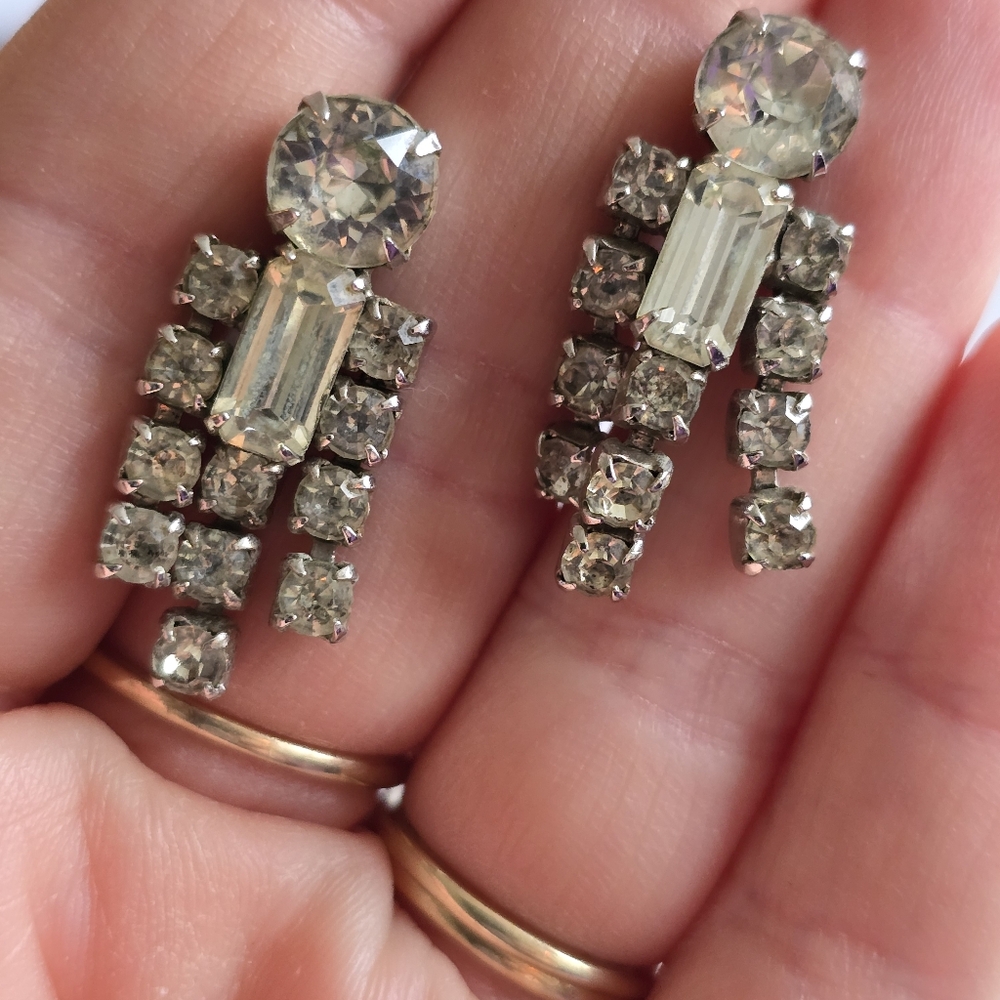 Vintage earrings Sparkly rhinestones old Hollywood glam prom black tie formal - Picture 7 of 11